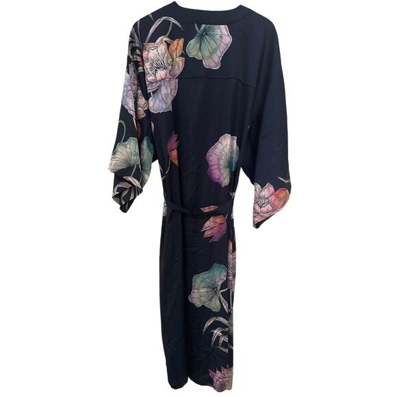 SOMA Intimates Satin Kimono Long Robe Mystical Blooms Rose Navy Women's L/XL - Picture 5 of 6
